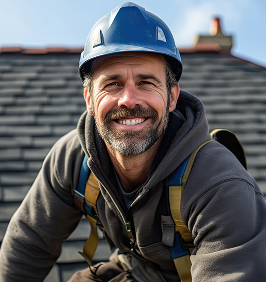 ouvrier en tenu de sécurité souriant sur un toit dans l'oise dans les hauts-de-france